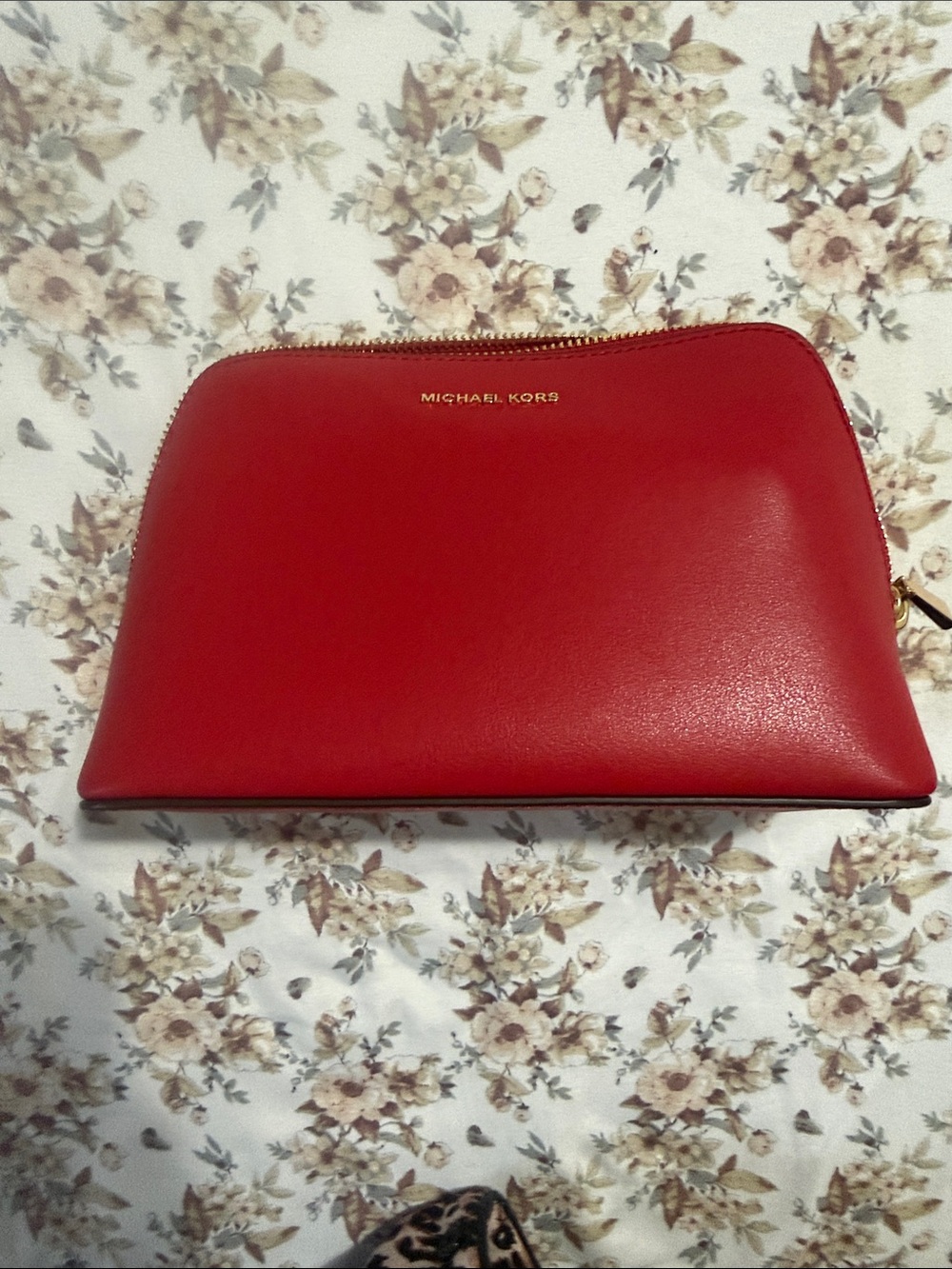 Michael Kors Red Leather Zip Cosmetic Case with Gold Logo